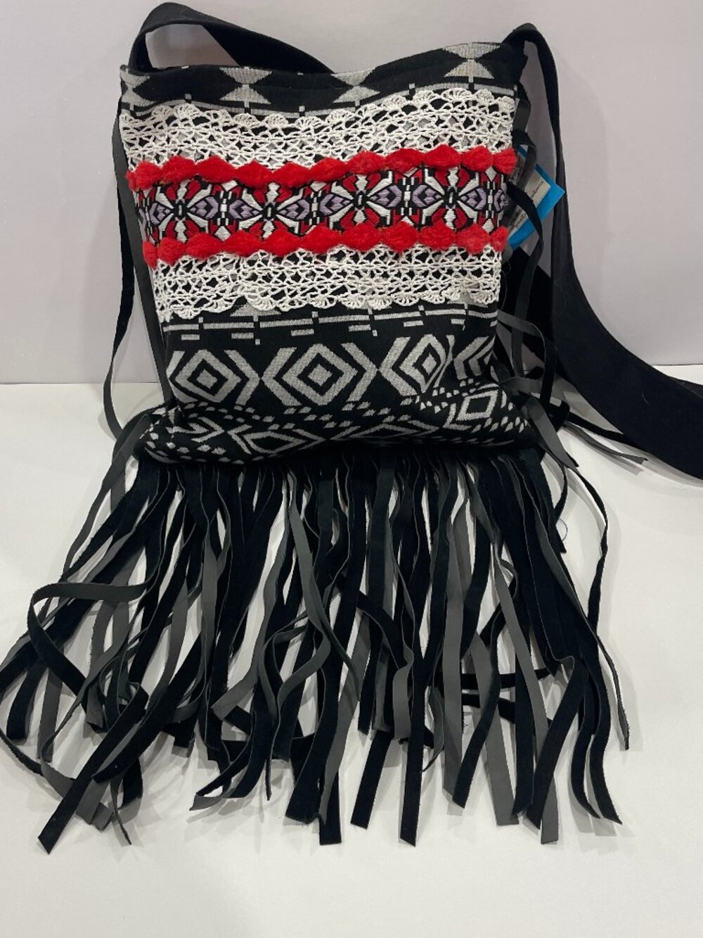 Handmade Black, Red and White  Tribal Inspired Crossbody Bag with Fringes